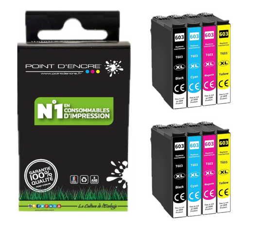 603XL - Etoile de mer - 2 X Multipack de 4 Cartouches D'encre Noir/Cyan/Magenta/ Jaune - Grande capacité de Marque Francaise POINT D'ENCRE Pour imprimante compatible EPSON (cee)