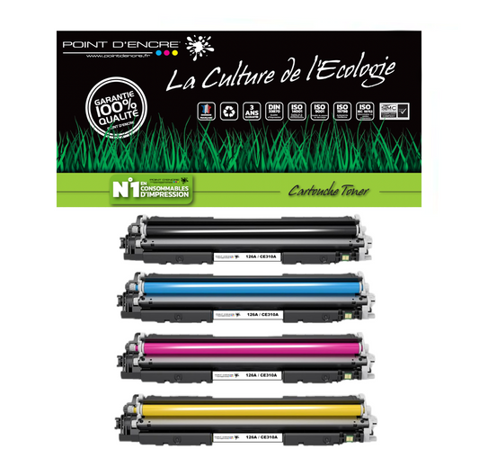 126A / CE310A - NOIR / CYAN / MAGENTA / JAUNE - Grande capacité Marque Francaise POINT D'ENCRE pour Imprimantes compatibles HP (clhp)