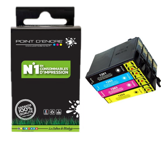 T1285 - Renard - NOIR / CYAN / MAGENTA / JAUNE - Grande capacité de Marque Française POINT D'ENCRE Pour imprimante compatible EPSON (cee)
