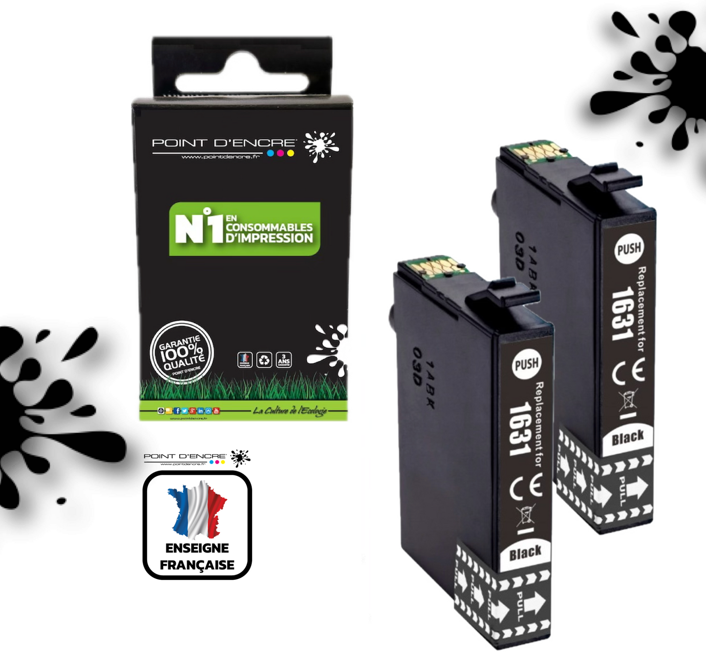 16XL - 2 X NOIR - Stylo Plume - Grande capacité de Marque Francaise POINT D'ENCRE T1631/T1621/T1681/T1632/T1622/T1633/T1623 Pour imprimante compatible EPSON (cee)