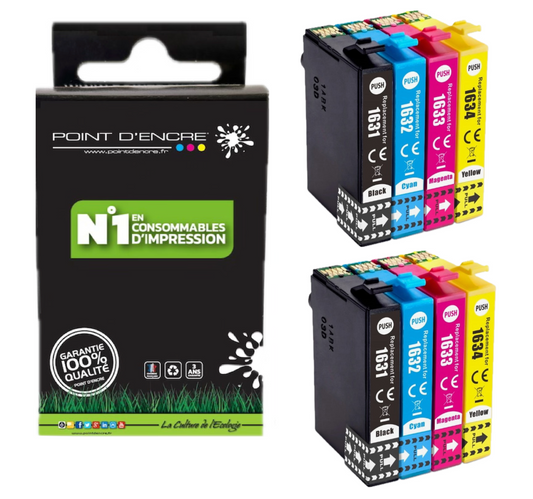 16XL - Stylo Plume - 2 X Pack de 4 Cartouches D'encre Noir/Cyan/Magenta/ Jaune - Grande capacité de Marque Francaise POINT D'ENCRE T1631/T1621/T1681/T1632/T1622/T1633/T1623 Pour imprimante compatible EPSON (cee)