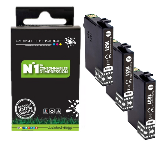 16XL - 3 X NOIR - Stylo Plume - Grande capacité de Marque Francaise POINT D'ENCRE T1631/T1621/T1681/T1632/T1622/T1633/T1623 Pour imprimante compatible EPSON (cee)
