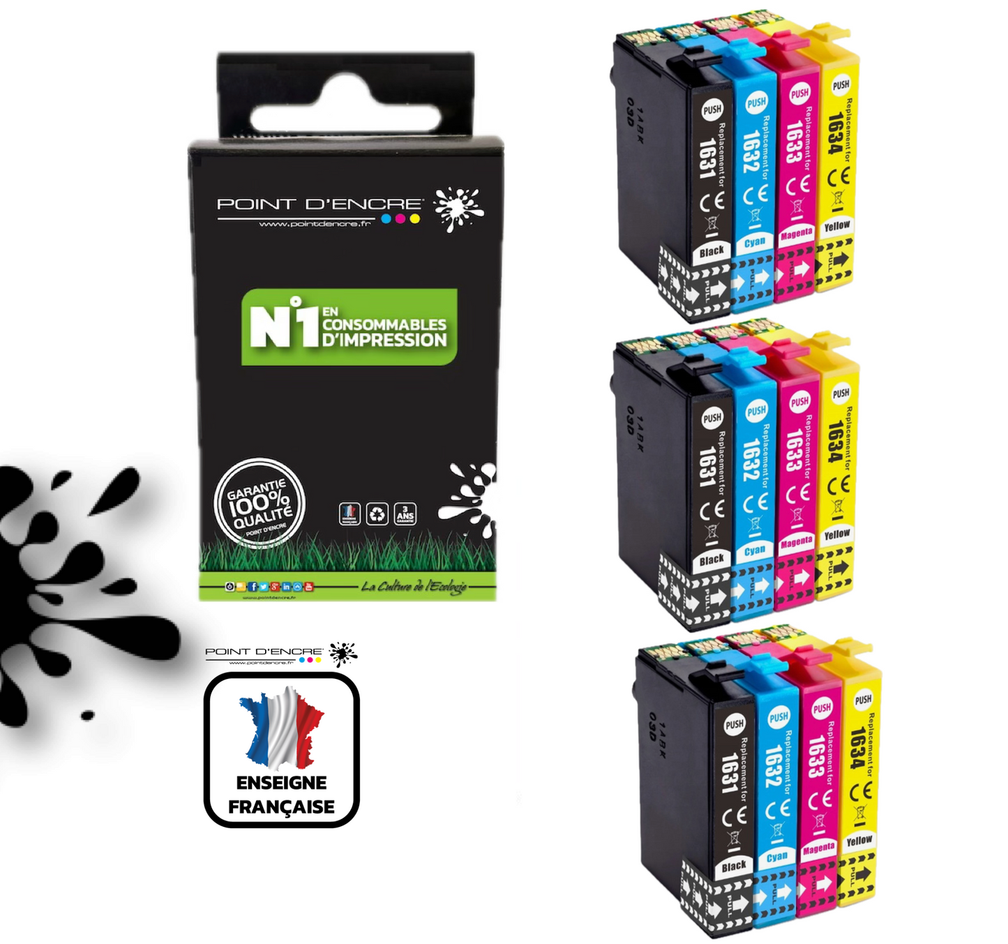 16XL - Stylo Plume - 3 X Pack de 4 Cartouches D'encre Noir/Cyan/Magenta/ Jaune - Grande capacité de Marque Francaise POINT D'ENCRE T1631/T1621/T1681/T1632/T1622/T1633/T1623 Pour imprimante compatible EPSON (cee)