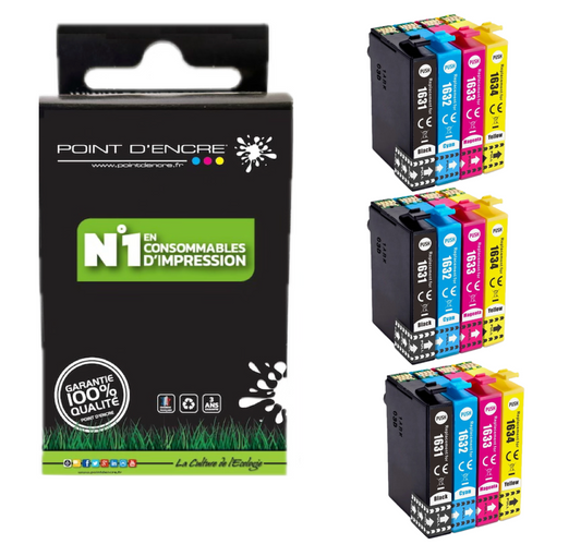 16XL - Stylo Plume - 3 X Pack de 4 Cartouches D'encre Noir/Cyan/Magenta/ Jaune - Grande capacité de Marque Francaise POINT D'ENCRE T1631/T1621/T1681/T1632/T1622/T1633/T1623 Pour imprimante compatible EPSON (cee)
