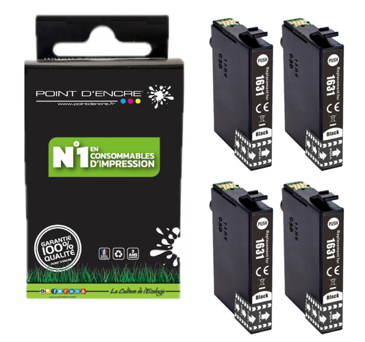 16XL - 4 X NOIR - Stylo Plume - Grande capacité de Marque Francaise POINT D'ENCRE T1631/T1621/T1681/T1632/T1622/T1633/T1623 Pour imprimante compatible EPSON (cee)