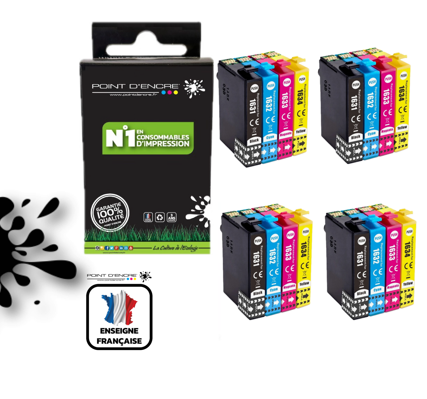 16XL - Stylo Plume - 4 X Pack de 4 Cartouches D'encre Noir/Cyan/Magenta/ Jaune - Grande capacité de Marque Francaise POINT D'ENCRE T1631/T1621/T1681/T1632/T1622/T1633/T1623 Pour imprimante compatible EPSON (cee)