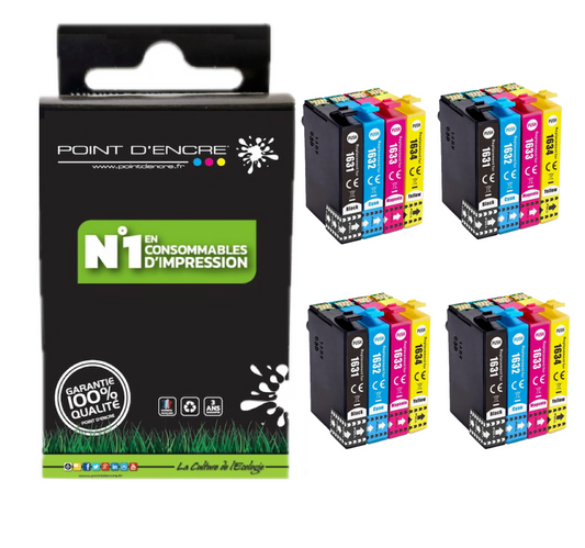 16XL - Stylo Plume - 4 X Pack de 4 Cartouches D'encre Noir/Cyan/Magenta/ Jaune - Grande capacité de Marque Francaise POINT D'ENCRE T1631/T1621/T1681/T1632/T1622/T1633/T1623 Pour imprimante compatible EPSON (cee)
