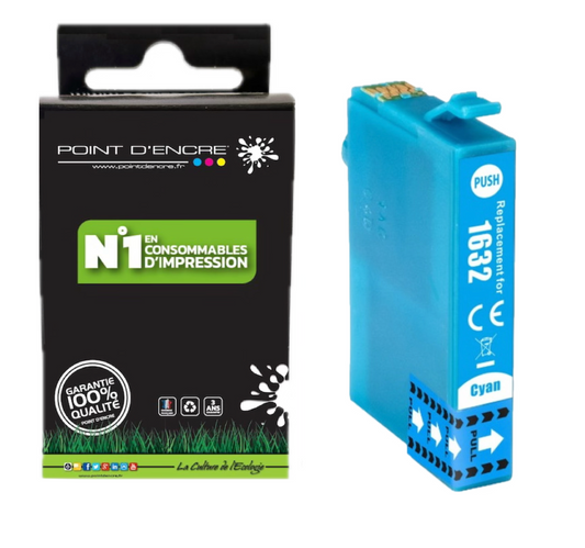 16XL - CYAN - Stylo Plume - Grande capacité de Marque Francaise POINT D'ENCRE T1631/T1621/T1681/T1632/T1622/T1633/T1623 Pour imprimante compatible EPSON (cee)