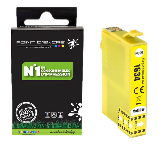 16XL - JAUNE - Stylo Plume - Grande capacité de Marque Francaise POINT D'ENCRE T1631/T1621/T1681/T1632/T1622/T1633/T1623 Pour imprimante compatible EPSON (cee)