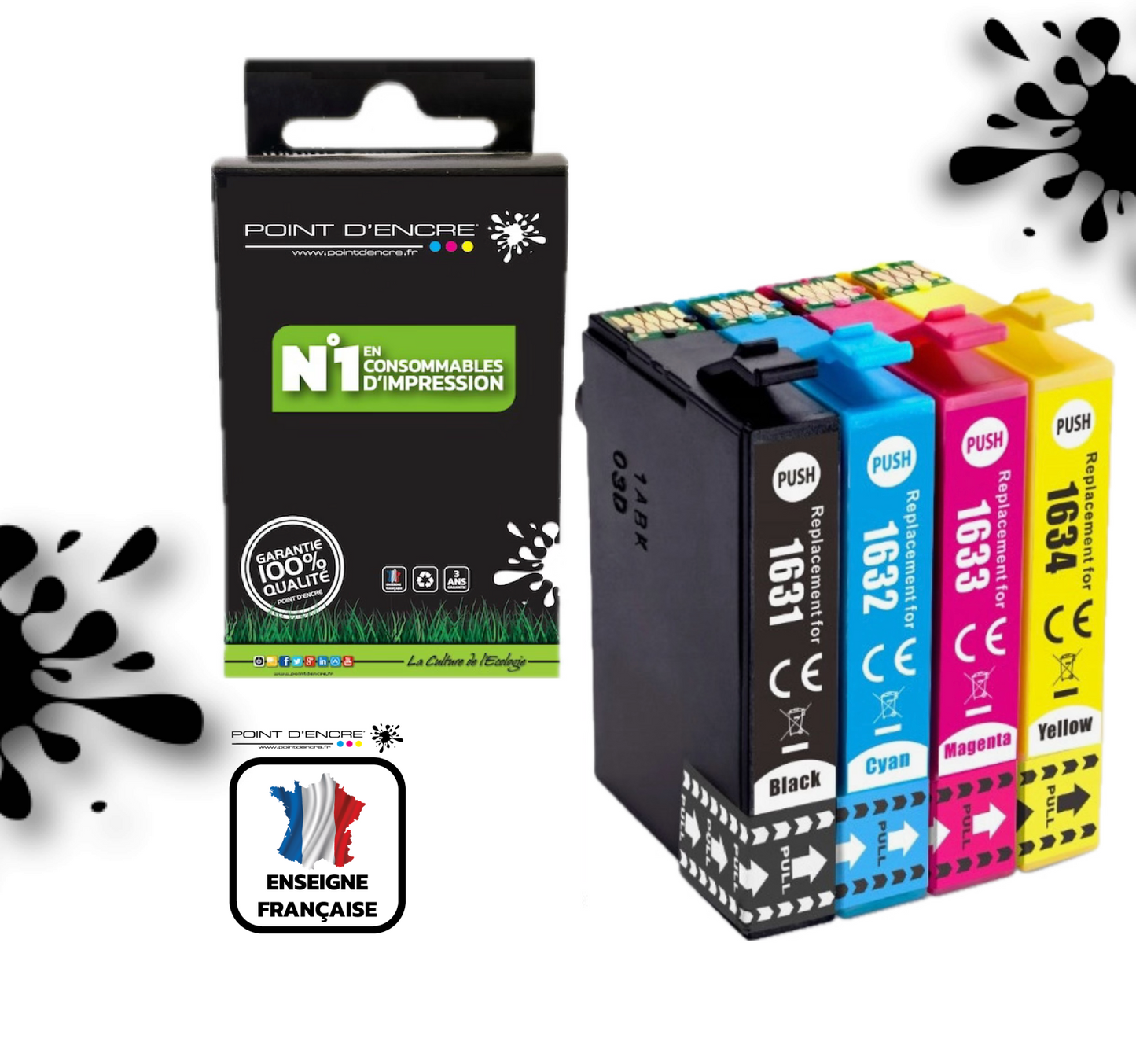 16XL - Stylo Plume - Pack de 4 Cartouches D'encre Noir/Cyan/Magenta/ Jaune - Grande capacité de Marque Francaise POINT D'ENCRE T1631/T1621/T1681/T1632/T1622/T1633/T1623 Pour imprimante compatible EPSON (cee)