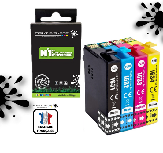 16XL - Stylo Plume - Abonnement - Pack de 4 Cartouches D'encre Noir/Cyan/Magenta/ Jaune - Grande capacité de Marque Francaise POINT D'ENCRE T1631/T1621/T1681/T1632/T1622/T1633/T1623 Pour imprimante compatible EPSON (cee)