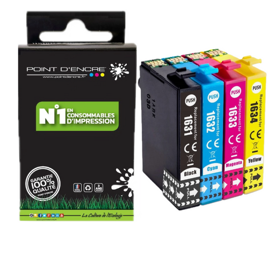 16XL - Stylo Plume - Pack de 4 Cartouches D'encre Noir/Cyan/Magenta/ Jaune - Grande capacité de Marque Francaise POINT D'ENCRE T1631/T1621/T1681/T1632/T1622/T1633/T1623 Pour imprimante compatible EPSON (cee)