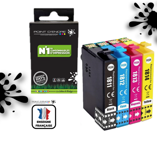18XL - Pâquerette - ABONNEMENT - Pack de 4 Cartouches D'encre Noir/Cyan/Magenta/ Jaune - Grande capacité de Marque Francaise POINT D'ENCRE Pour imprimante compatible EPSON (cee) (Copie)
