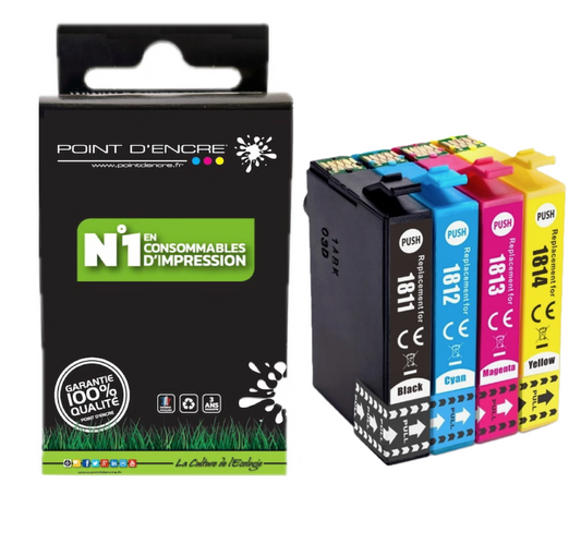 18XL - Pâquerette - Pack de 4 Cartouches D'encre Noir/Cyan/Magenta/ Jaune - Grande capacité de Marque Francaise POINT D'ENCRE Pour imprimante compatible EPSON (cee)