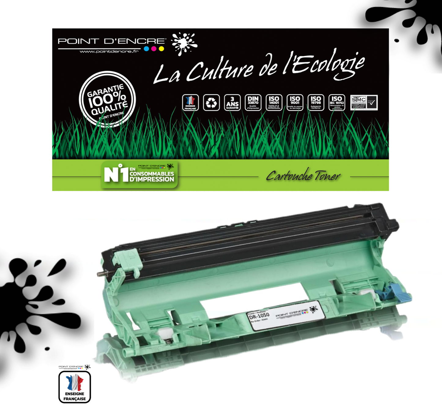 DR1050 - Tambour - Noir - Grande capacité Marque Francaise POINT D'ENCRE pour Imprimantes TN1050 compatibles Brother (clp)