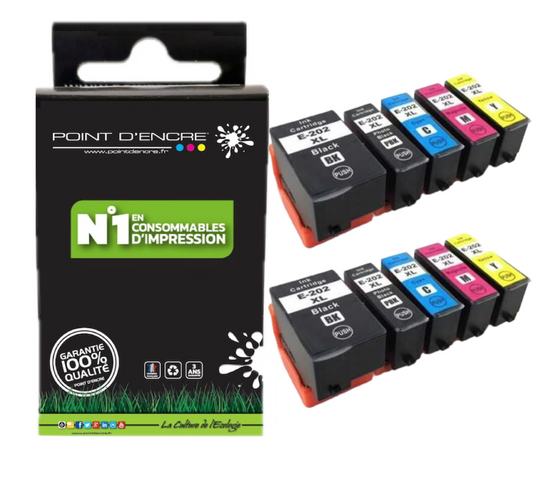 202XL - Kiwi - C13T02G74010 - 2 X Pack de 4 Cartouches D'encre Noir/ Cyan/ Magenta/ Jaune - Grande capacité de Marque Francaise POINT D'ENCRE Pour imprimante compatible EPSON (eep)