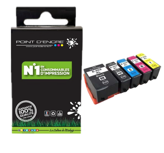 202XL - Kiwi - Abonnement - Pack de 4 Cartouches D'encre Noir/ Cyan/ Magenta/ Jaune - Grande capacité de Marque Francaise POINT D'ENCRE C13T02G74010 Pour imprimante compatible EPSON (eep)