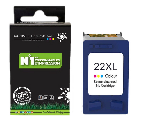 22XL - COULEUR - Grande capacité de Marque Française POINT D'ENCRE - Pour imprimante compatible HP (cehp)