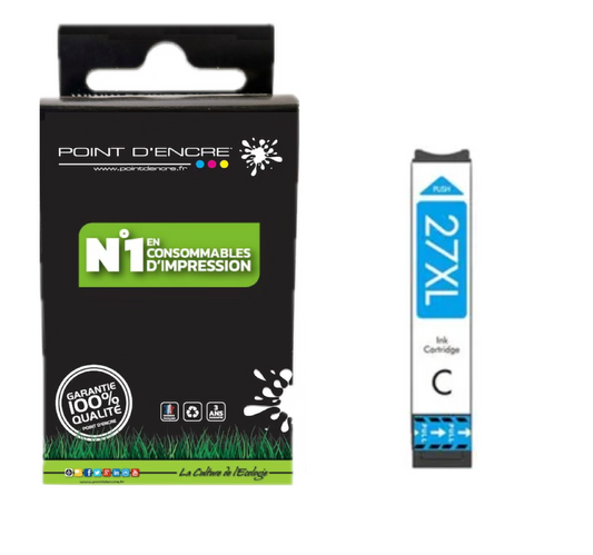 27XL - Réveil - CYAN - Grande capacité de Marque Francaise POINT D'ENCRE Pour imprimante compatible EPSON (cee)