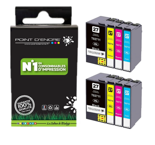 27XL - Réveil - 2 X Pack de 4 Cartouches D'encre Noir/Cyan/Magenta/ Jaune - Grande capacité de Marque Francaise POINT D'ENCRE Pour imprimante compatible EPSON (cee)