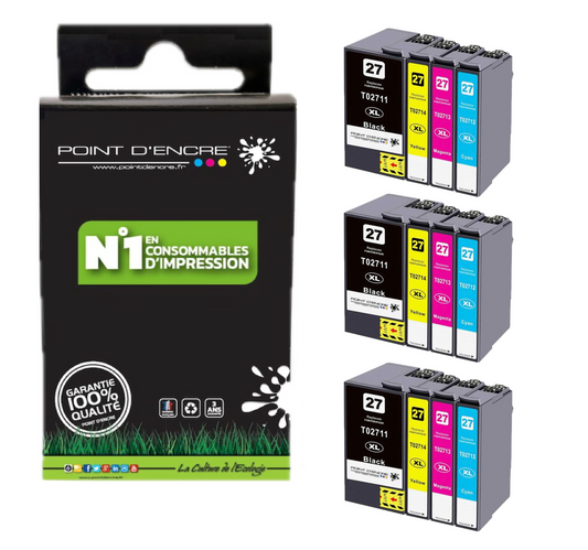 27XL - Réveil - 3 X Pack de 4 Cartouches D'encre Noir/Cyan/Magenta/ Jaune - Grande capacité de Marque Francaise POINT D'ENCRE Pour imprimante compatible EPSON (cee)