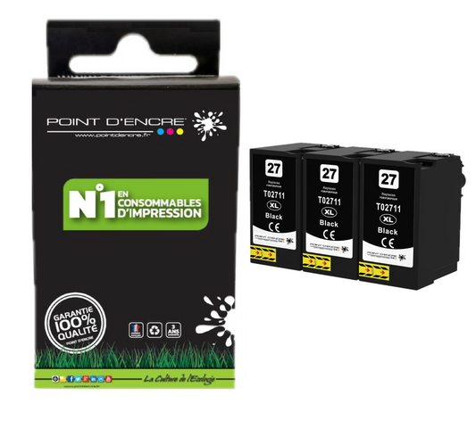 27XL - Réveil - 3 X NOIR - Grande capacité de Marque Francaise POINT D'ENCRE Pour imprimante compatible EPSON (cee)