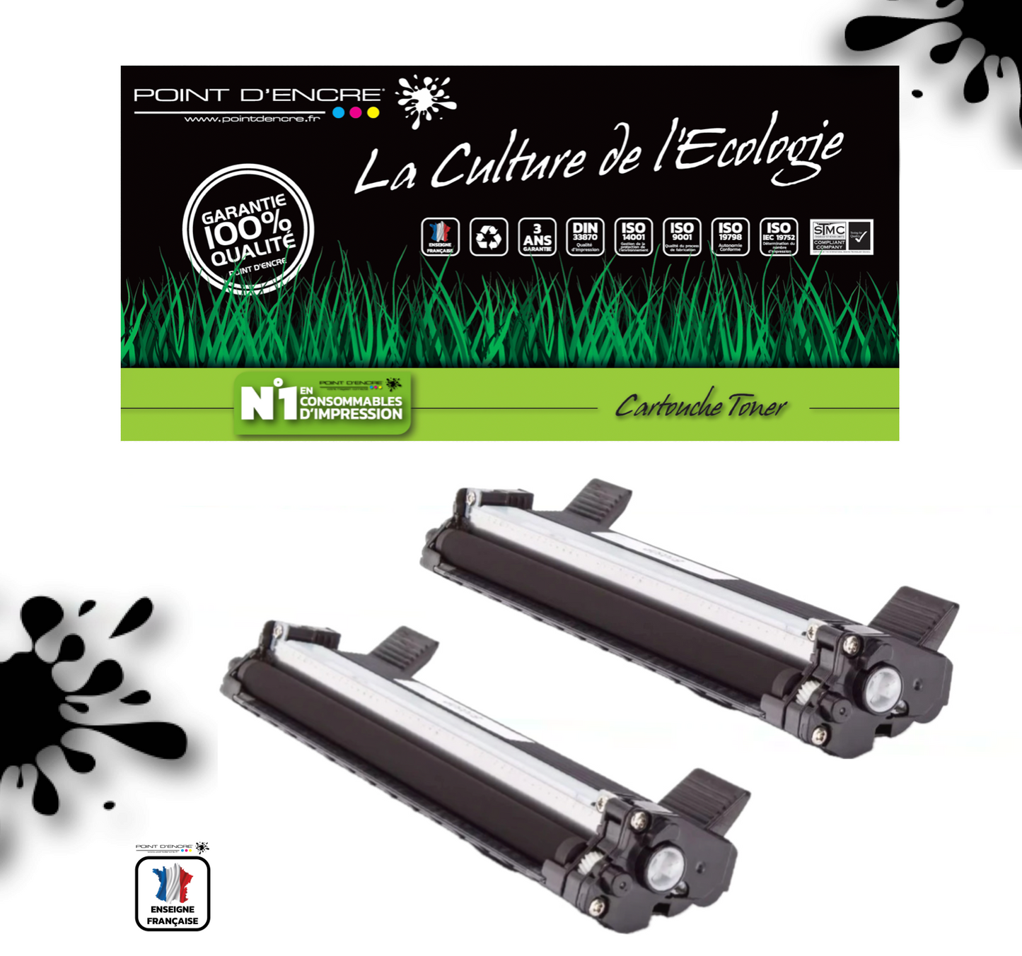 TN1050 - 2 X Noir - Cartouche d'encre Toner - Grande capacité Marque Francaise POINT D'ENCRE pour Imprimantes compatibles Brother (clp)