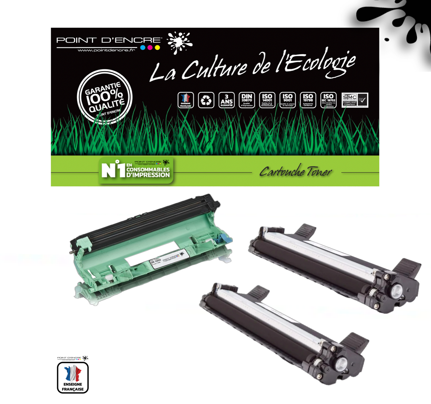 TN1050 / DR1050 - 2 X Cartouche / 1 X Tambour - Noir - Grande capacité Marque Francaise POINT D'ENCRE pour Imprimantes compatibles Brother (clp)