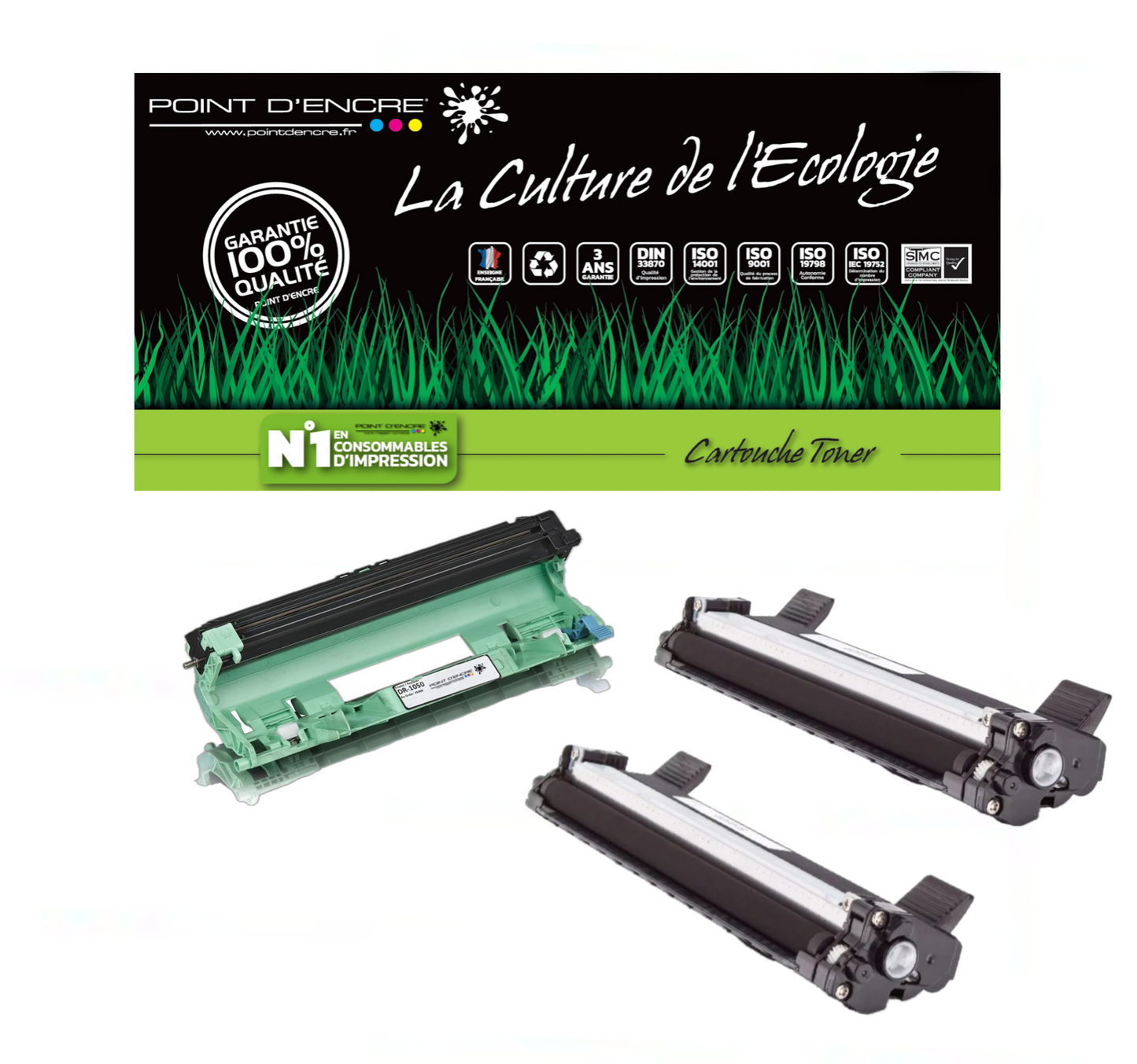 TN1050 / DR1050 - 2 X Cartouche / 1 X Tambour - Noir - Grande capacité Marque Francaise POINT D'ENCRE pour Imprimantes compatibles Brother (clp)