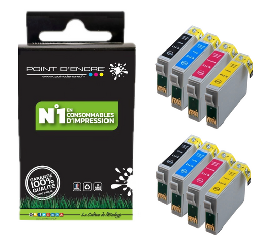 T0715 - Guépard - 2 X Pack de 4 Cartouches D'encre T0711-Noir/ T0712 Cyan/ T0713 Magenta/ T0714 Jaune - Grande capacité de Marque Française POINT D'ENCRE Pour imprimante compatible EPSON (cee)