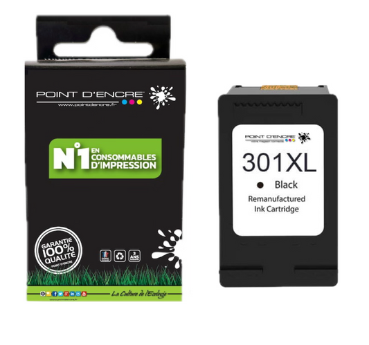 301XL / 301 - NOIR - Grande capacité de Marque Francaise POINT D'ENCRE - Pour imprimante compatible HP (cehp)