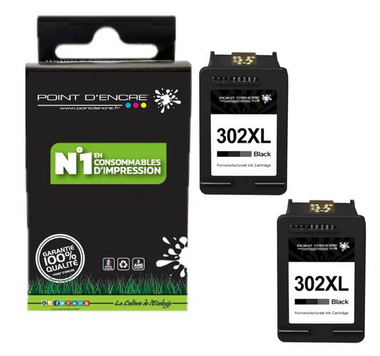 302XL / 302 - 2 X NOIR - Grande capacité de Marque Francaise POINT D'ENCRE - Pour imprimante compatible HP (cehp)