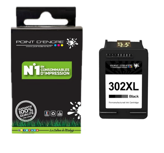 302XL / 302 - NOIR - Grande capacité de Marque Francaise POINT D'ENCRE - Pour imprimante compatible HP (cehp)