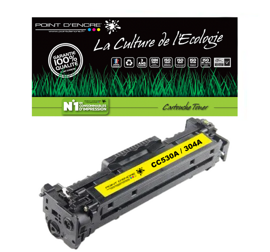 304A / CC530A - JAUNE - Grande capacité Marque Francaise POINT D'ENCRE pour Imprimantes compatibles HP (clhp)