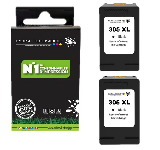 305XL / 305 - 2 X NOIR & COULEUR - Grande capacité de Marque Francaise POINT D'ENCRE - Pour imprimante compatible HP (cehp)