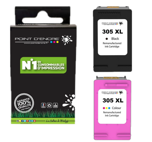 305XL / 305 - NOIR & COULEUR - Grande capacité de Marque Francaise POINT D'ENCRE - Pour imprimante compatible HP (cehp)