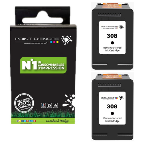 308 - 2 X NOIR - 7FP21UE - Grande capacité de Marque Francaise POINT D'ENCRE - Pour imprimante compatible HP (cehp)