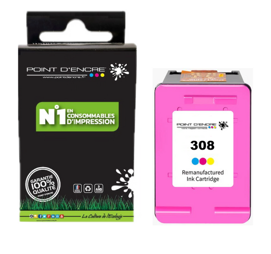308 - COULEUR - 7FP2UE - Grande capacité de Marque Francaise POINT D'ENCRE - Pour imprimante compatible HP (cehp)