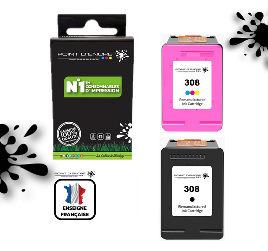 308 - Abonnement - NOIR & COULEUR - 6L6S6UE Grande capacité de Marque Francaise POINT D'ENCRE - Pour imprimante compatible HP (cehp)