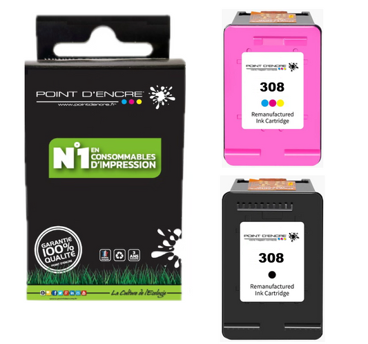 308 - NOIR & COULEUR - 6L6S6UE Grande capacité de Marque Francaise POINT D'ENCRE - Pour imprimante compatible HP (cehp)