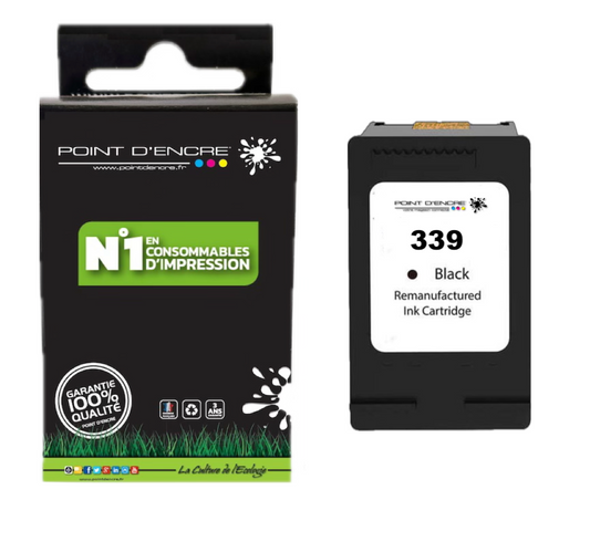 339 - NOIR - Grande capacité de Marque Francaise POINT D'ENCRE - Pour imprimante compatible HP (cehp)