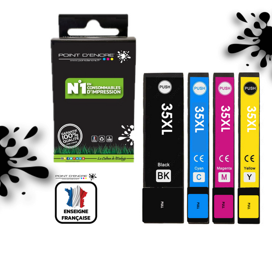 35XL - Cadenas - ABONNEMENT - Pack de 4 Cartouches D'encre Noir/Cyan/Magenta/ Jaune - Grande capacité de Marque Francaise POINT D'ENCRE Pour imprimante compatible EPSON (cee)