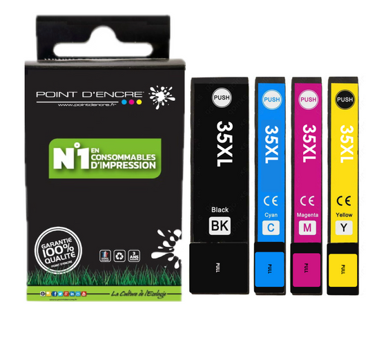 35XL - Cadenas - Pack de 4 Cartouches D'encre Noir/Cyan/Magenta/ Jaune - Grande capacité de Marque Francaise POINT D'ENCRE Pour imprimante compatible EPSON (cee)