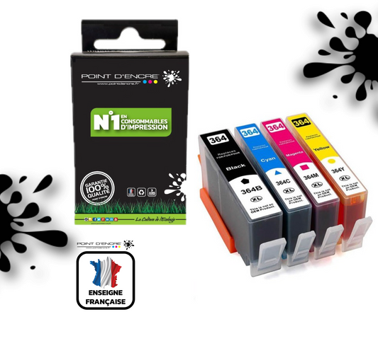 364XL - ABONNEMENT - Pack de 4 Cartouches Noir/Cyan/Magenta/ Jaune Grande capacité de Marque Francaise POINT D'ENCRE Pour imprimante compatible HP (cehp)