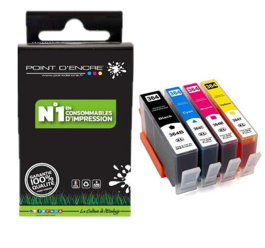 364XL - Pack de 4 Cartouches Noir/Cyan/Magenta/ Jaune Grande capacité de Marque Francaise POINT D'ENCRE Pour imprimante compatible HP (cehp)