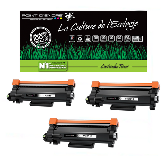 TN2510XL - 3 X NOIR - Grande capacité Marque Francaise POINT D'ENCRE pour Imprimantes compatibles Brother (clbr)