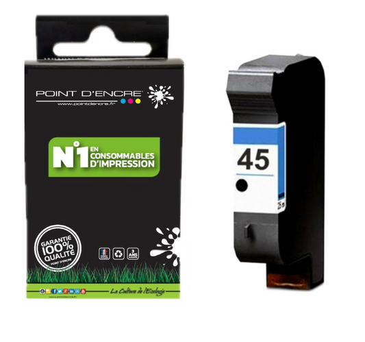 45XL / 15XL - NOIR - Grande capacité de Marque Française POINT D'ENCRE - Pour imprimante compatible HP (cehp)