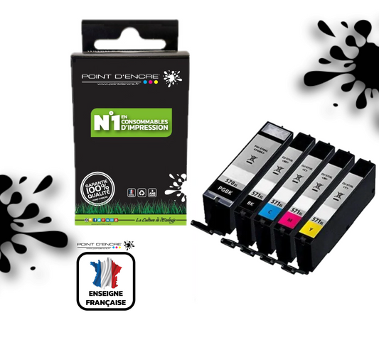 PGI-570XL / CLI-571XL - ABONNEMENT - Pack Noir / Cyan / Magenta / Jaune / Noir photo - Grande capacité de Marque Française POINT D'ENCRE Pour imprimante compatible CANON (cec)