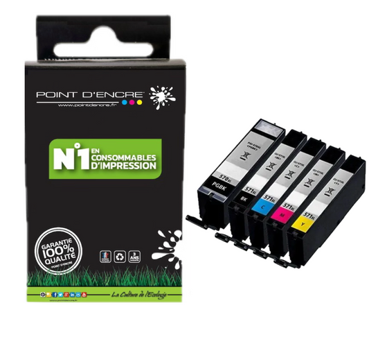 PGI-570XL / CLI-571XL - Pack Noir / Cyan / Magenta / Jaune / Noir photo - Grande capacité de Marque Française POINT D'ENCRE Pour imprimante compatible CANON (cec)