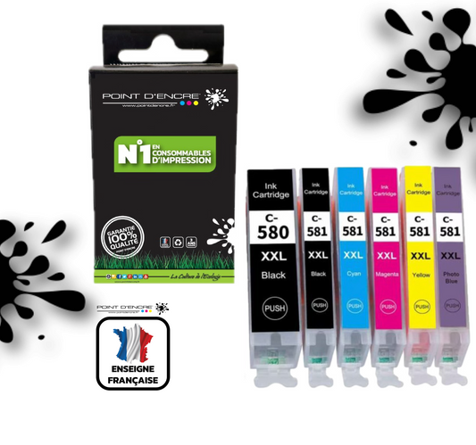 PGI-580XXL / CLI-581XXL - ABONNEMENT - Pack Noir / Cyan / Magenta / Jaune / violet - Grande capacité de Marque Française POINT D'ENCRE Pour imprimante compatible CANON (cec)